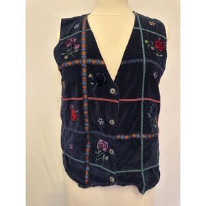 Vintage 90s Navy Blue Velour Velvet 100% Cotton Floral Patchwork Vest Size L